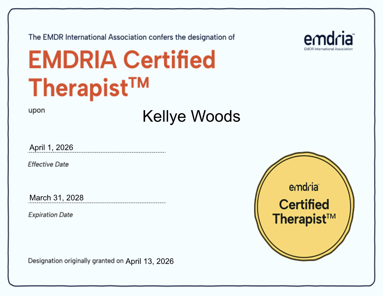 EMDR Certification Kellye Woods